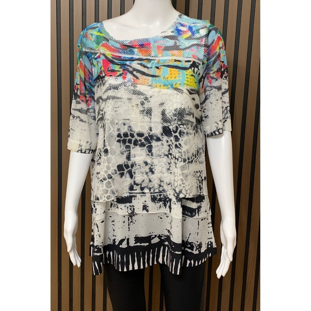 Ali Miles Women's L Abstract Mixed Media Mesh Layered Top Multi Color Lagenook